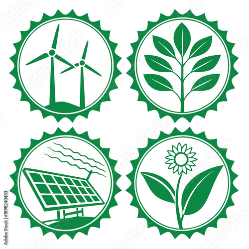 Four icons representing sustainable and renewable energy sources and environmental conservation