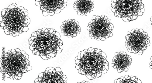 Abstract black and white doodle pattern featuring hand drawn chaotic circular scribbles creating a mesmerizing modern minimalist texture background design