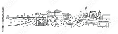 Monochrome cityscape with iconic urban landmarks and big wheel