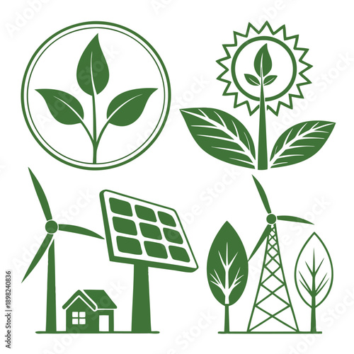Sustainable energy and eco-friendly growth icons representing renewable resources and nature