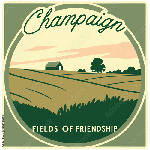 Champaign circular vintage patch featuring barn and farm landscape