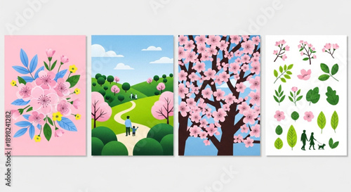 Sakura Illustrative spring scenes collection showcasing blooming trees, vibrant floral designs, and people enjoying serene park landscapes, perfect for nature themes