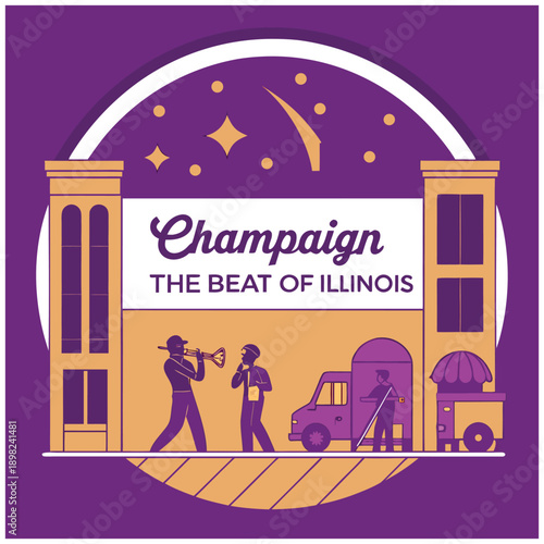 Champaign The Beat of Illinois city street scene with musicians