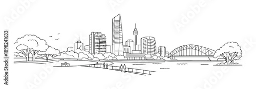 Sydney night cityscape with iconic bridge and skyline in monochrome illustration