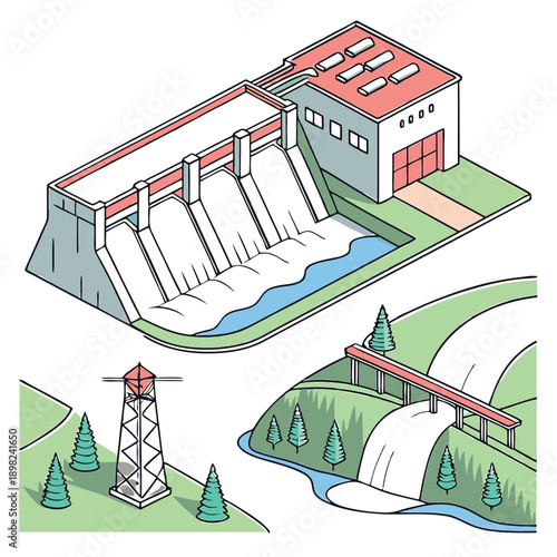 Illustration of a small water reservoir and distribution system in a rural area