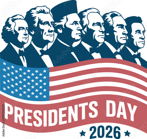 A graphic illustration of US presidents on Presidents Day in 2026 with an American flag