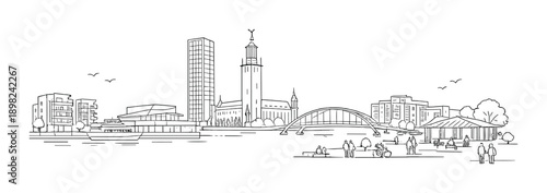 Black and white urban skyline with iconic architecture and people