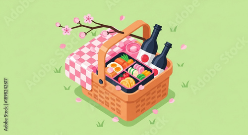 Picnic basket with sushi and wine under blooming cherry blossoms on green background