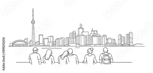 Diverse group observing toronto skyline at night in minimalist style