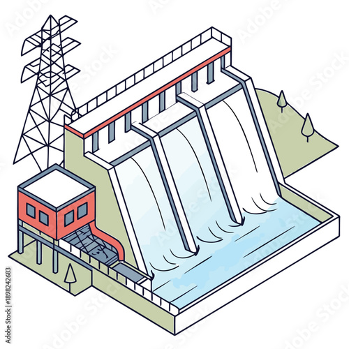 Hydropower dam generating electricity with a scenic landscape in the background