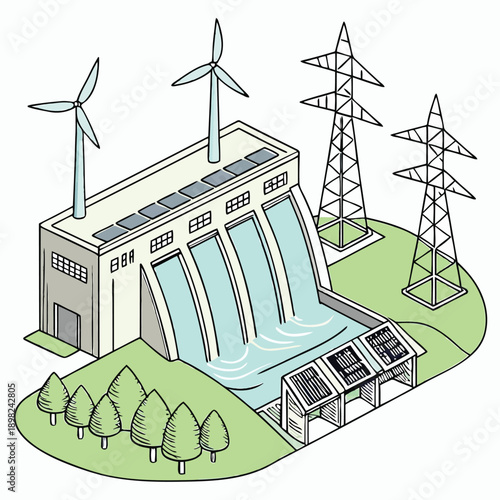 Modern hydroelectric power plant integrated with renewable energy sources like wind turbines