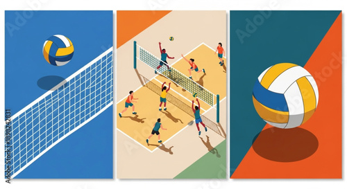 Vibrant isometric illustrations capturing the dynamic action and strategic plays of a competitive volleyball match