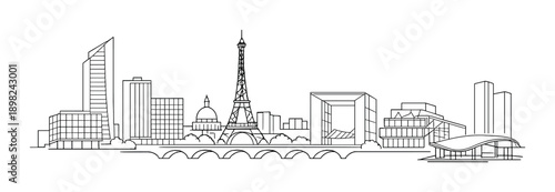 Black and white paris skyline with iconic landmarks