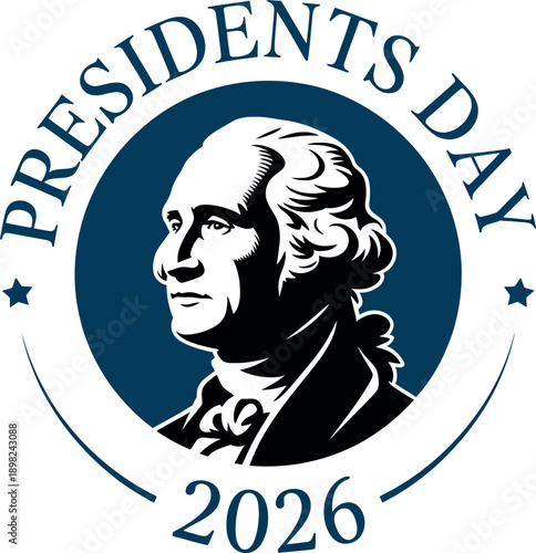 A graphic illustration of George Washington's portrait on Presidents Day 2026 logo