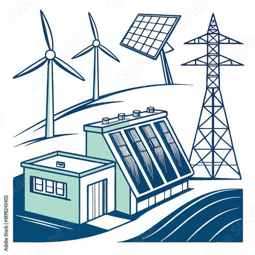 Renewable energy sources combining wind, solar, and grid infrastructure for sustainable power generation