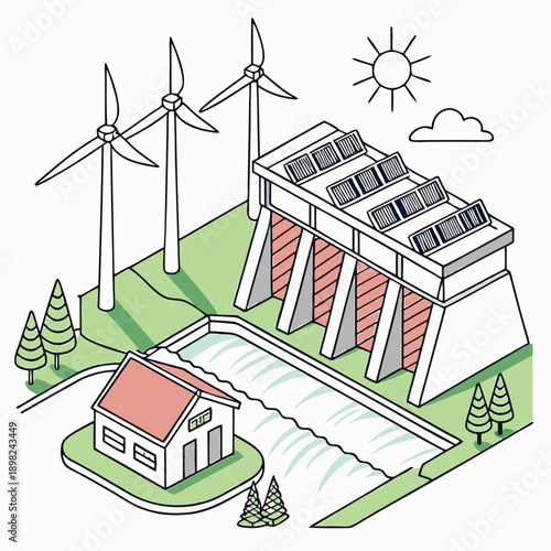 Modern eco-friendly building powered by renewable wind energy and solar panels.