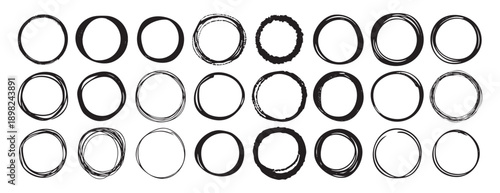 Abstract hand drawn vector circles, round shapes, scribble swirl minimalist elements for design, background logo rough ink drawing