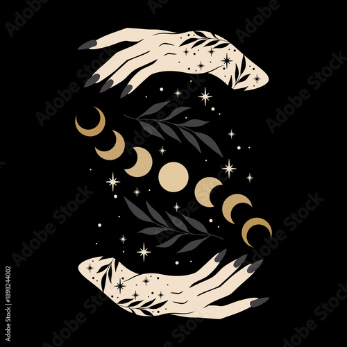 Boho illustration with moon phases and woman hand. Alchemy esoteric magic space. Elegant illustration.