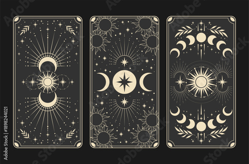 Magic astrology cards. Vintage mystic tarot cards, stars and crescents magical symbols, magic occult cards illustration set.	