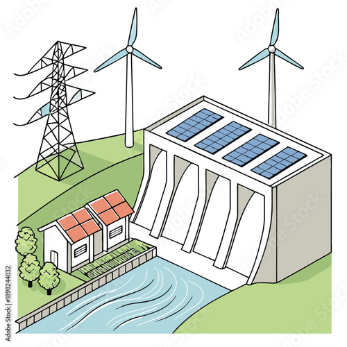 Renewable energy sources combining wind, solar, and hydroelectric power generation.