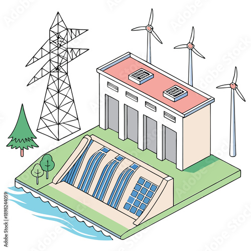 Renewable energy sources including hydroelectric, wind, and solar power generation.