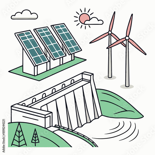 Renewable energy sources including solar panels, wind turbines, and energy storage systems
