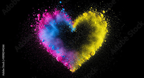 Vibrant pink blue and yellow heart shaped powder explosion on black background symbolizing love and joy with colorful splashes