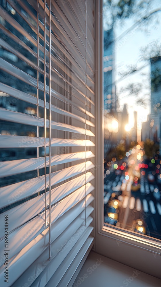 Obraz premium City Sunset View Through Window Blinds