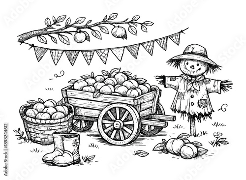 Harvest festival: rustic cart with bountiful apples and charming scarecrow