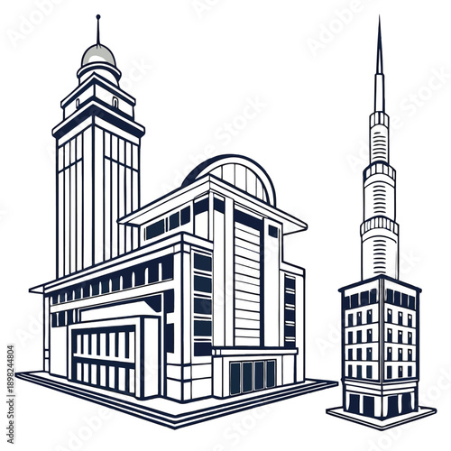 Elegant cityscape featuring two iconic buildings with distinct architectural styles.