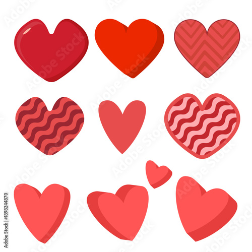 Red heart icons set vector illustration, creative cartoon 3D and patterned hearts isolated on white background for Valentine s Day , Mother s Day design, Heart month