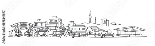 Minimalist neon skyline of seoul featuring namsan tower and modern architecture