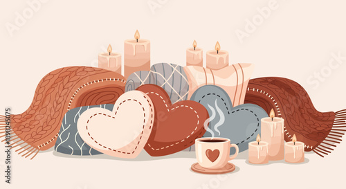 Cozy heart-shaped pillows, warm blankets, and lit candles create a romantic and intimate atmosphere, perfect for a relaxed evening