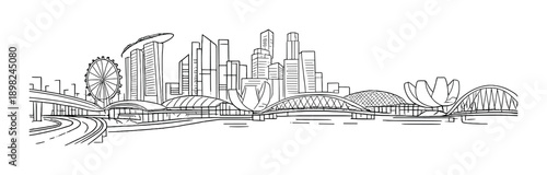 Black and white skyline illustration of a futuristic urban cityscape