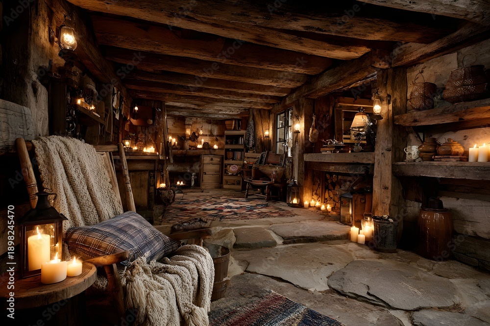 Fototapeta premium Candlelit rustic wooden cabin glows warmly with flickering shadows on cozy handcrafted furnishings.