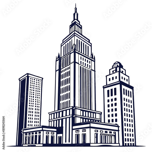 Iconic skyline illustration of a group of towering skyscrapers in monochrome design.