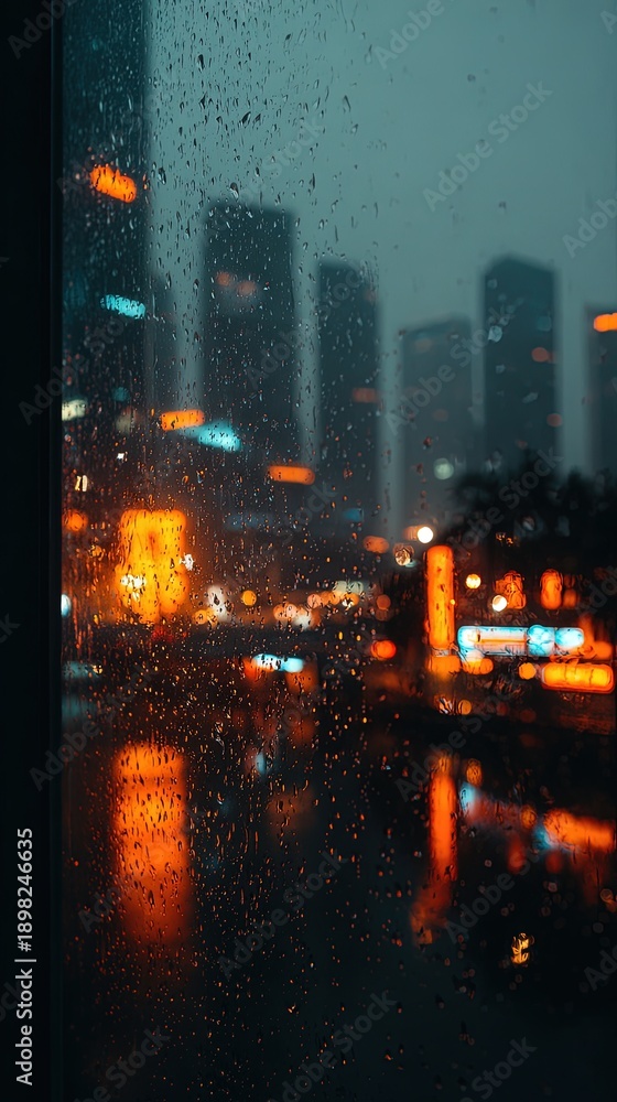 Fototapeta premium Rainy Night Cityscape Through A Wet Window