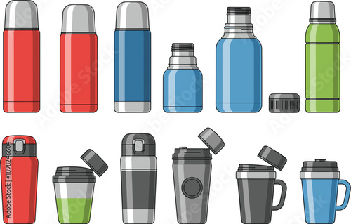 Comprehensive Insulated Container Set Featuring Stainless Steel Thermos Flasks Travel Coffee Mugs and Vacuum Sealed Bottles for Outdoor and Office Graphic Design