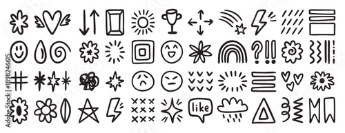 Random hand drawn doodle icons set with smiley faces, stars, flowers, arrows and symbols