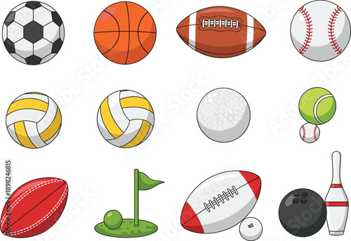 Comprehensive Sports Ball Collection Featuring Soccer Basketball Football Baseball Volleyball Golf Cricket and Bowling Gear for Professional Athletic Graphic Design