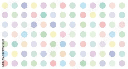 Seamless pattern featuring a repeating array of softly colored pastel polka dots scattered randomly