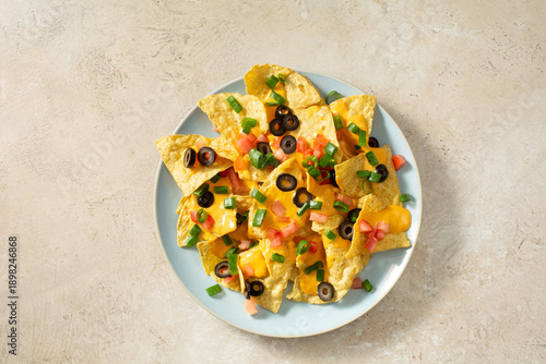 A top down view of a plate of dairy-free nachos.
