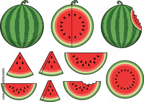 Comprehensive Watermelon Set Featuring Whole Fruit Halves Slices Wedges and Bitten Pieces for Summer Events and Healthy Culinary Graphic Design