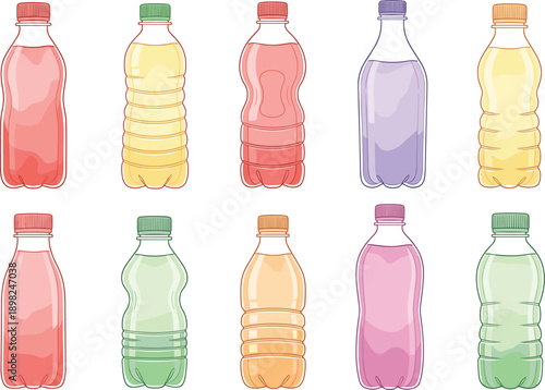 Professional Beverage Collection Featuring Vibrant Plastic Bottles for Fruit Juice Soda and Soft Drinks in Various Flavors for Retail and Nutrition Graphic Design