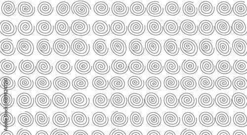 Seamless pattern featuring numerous hand drawn black spiral shapes arranged in orderly rows creating an abstract minimalist background texture design