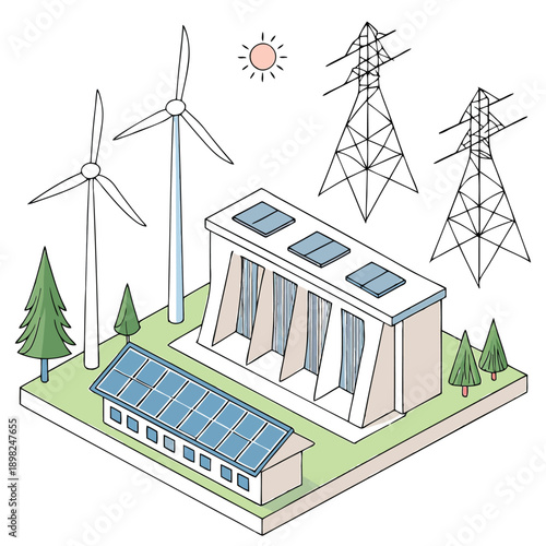 Sustainable energy sources including wind, solar, and hydroelectric power generation.