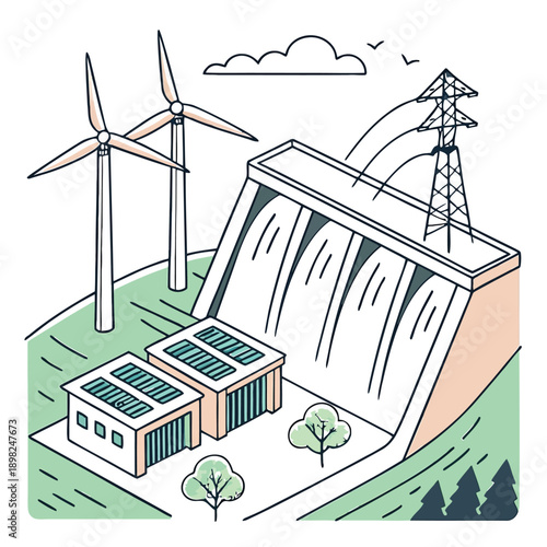 Renewable energy sources powering a modern industrial facility with wind turbines and solar panels