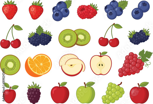 Professional Fruit Collection Featuring Strawberries Blueberries Raspberries Blackberries Kiwi Grapes and Sliced Apples for Healthy Nutrition and Culinary Design