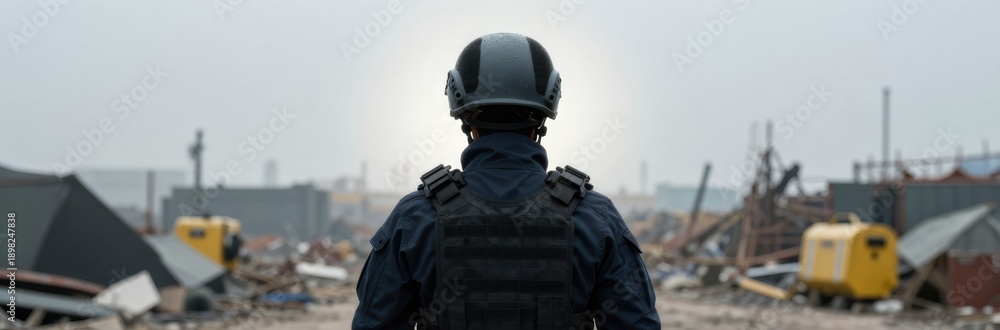 Fototapeta premium Armed officer surveys damaged landscape post disaster, showcasing resilience, security, and the aftermath of destruction