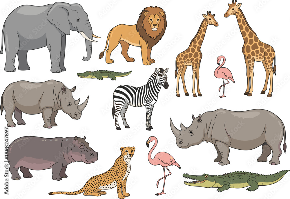 Obraz premium Professional Illustration Collection of Wild Safari Animals Featuring Giraffes Elephants Rhinos Flamingos Crocodiles and Cheetahs for Nature and Educational Graphic Design
